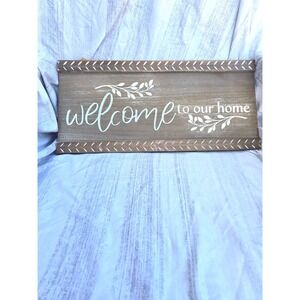 Rustic "Welcome to Our Home" wood framed wall sign with rope hanger